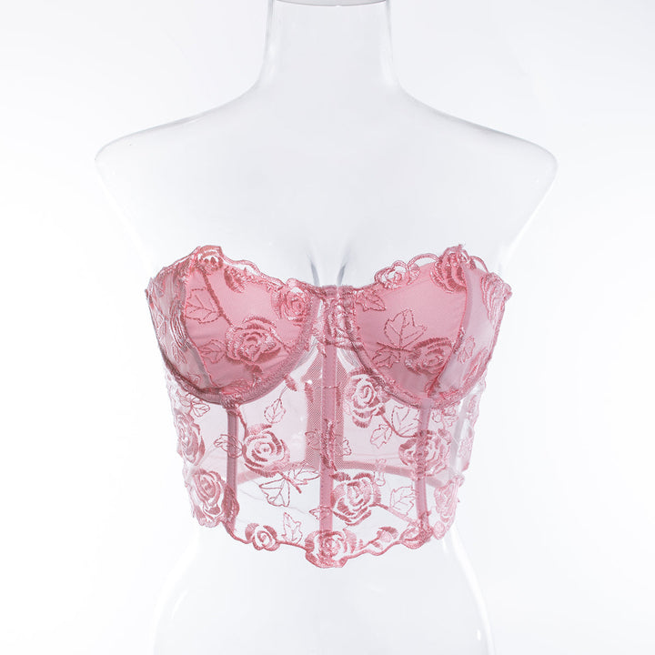 Strapless Mesh Top with Floral Embroidery - Noya Lee