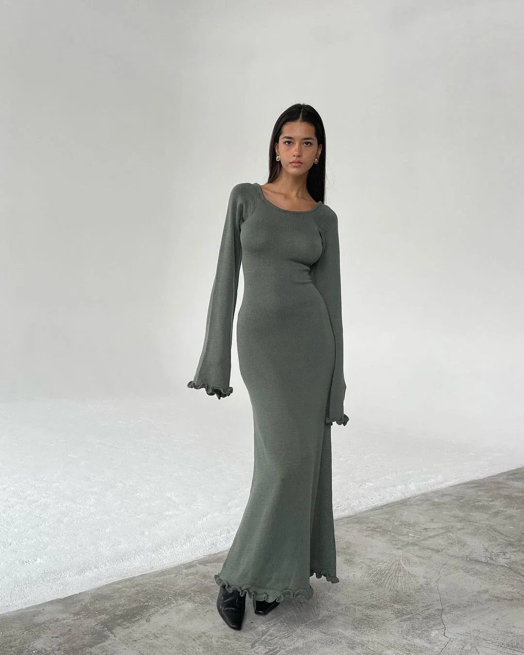 Knitted Maxi Dress with Bell Sleeves and Ruffle Decoration - Agatha