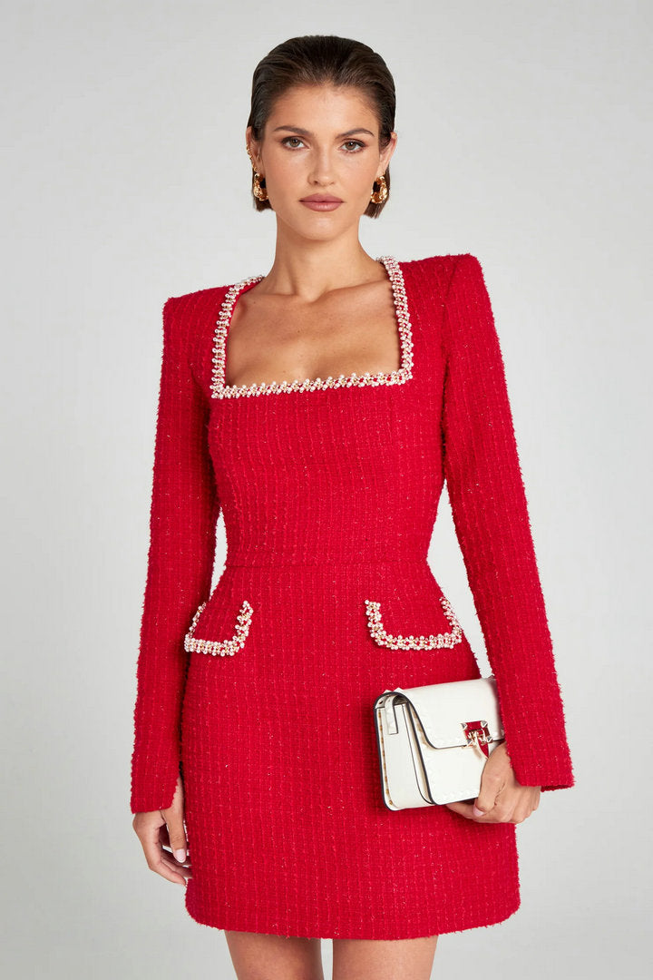 Elegant Mini Dress with Short/Long Sleeves, Tailored Style, Woven Fabric with Sequin and Pearl Embellishment - Lucia