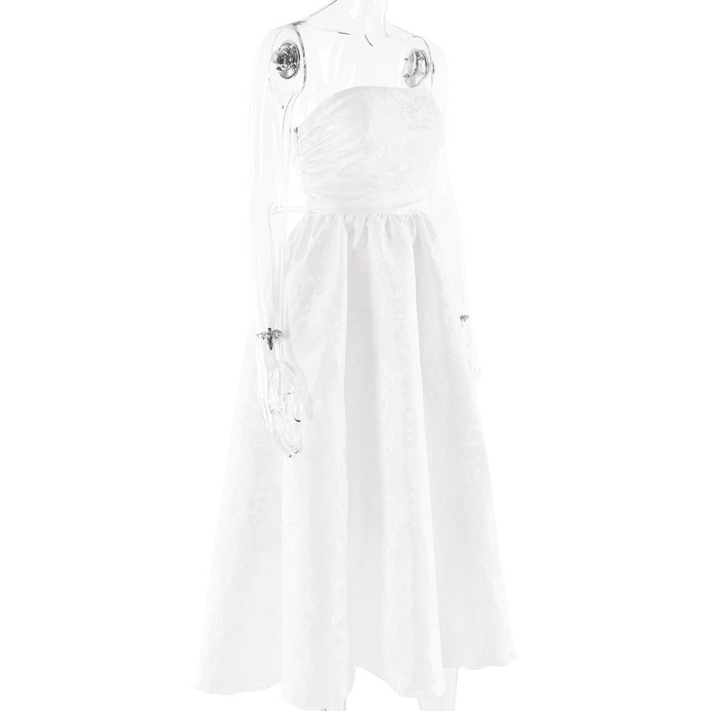 Midi Strapless A-Line Dress with Open Back and Floral Embroidery Detail - Flora
