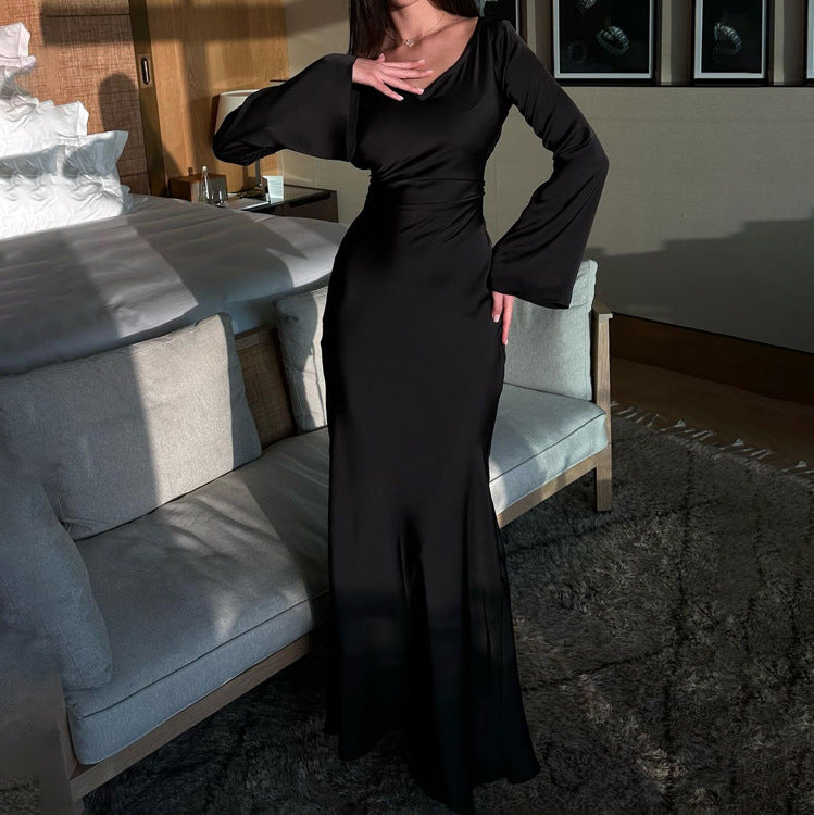 Satin maxi dress with back tie for waist fitting - Odel