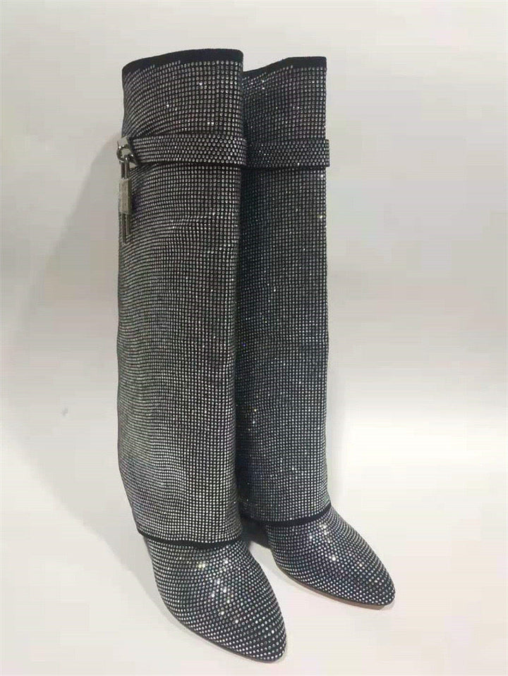 High Heel Boots with Glitter Studs and Lock Detail - Bailey