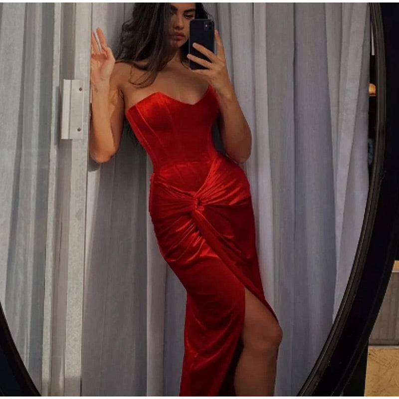 Velvet Strapless Maxi Dress with Corset Design, Back Tie, Waist Cinch, and Slit Detail - London
