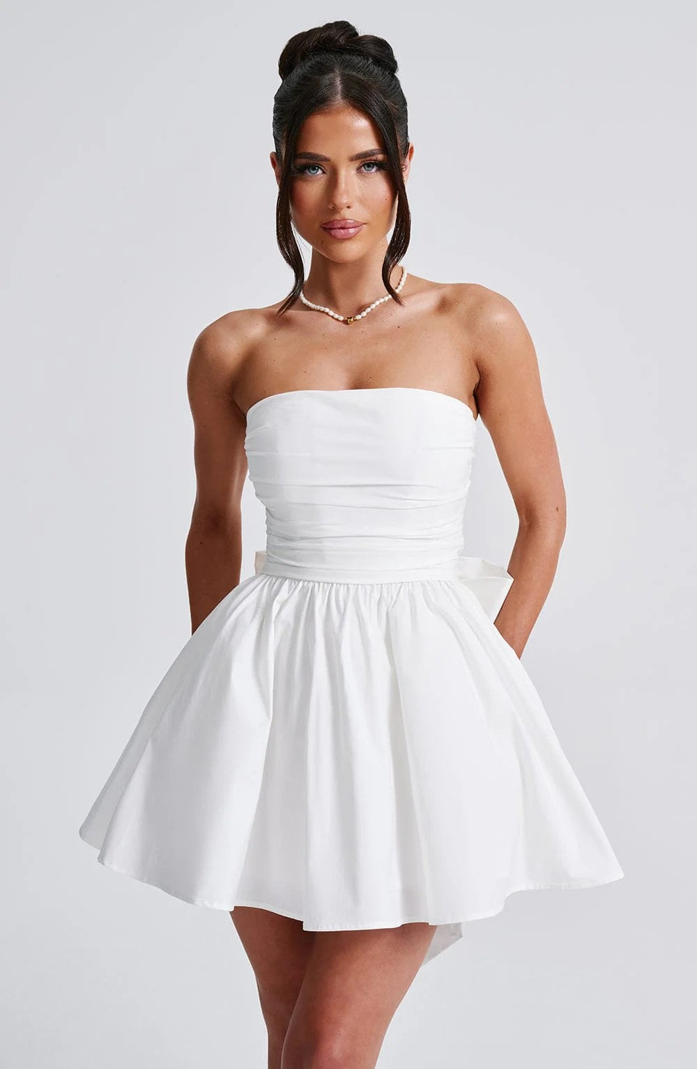 A-Line Strapless Mini Dress with Bow Tie Back - Arbel