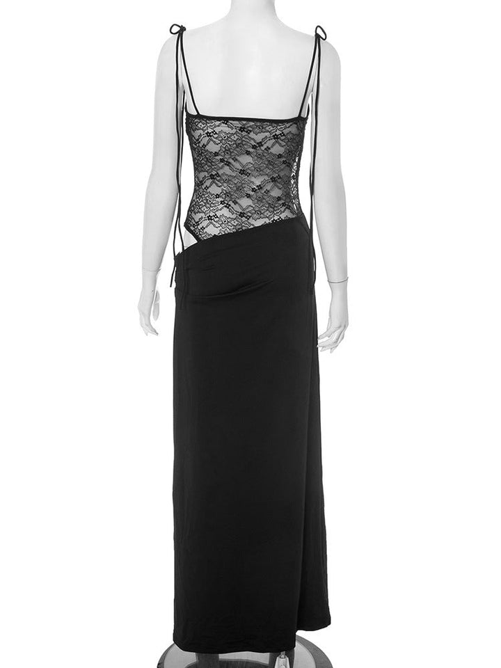 Elegant Maxi Dress with Lace and Tie Straps - Indigo
