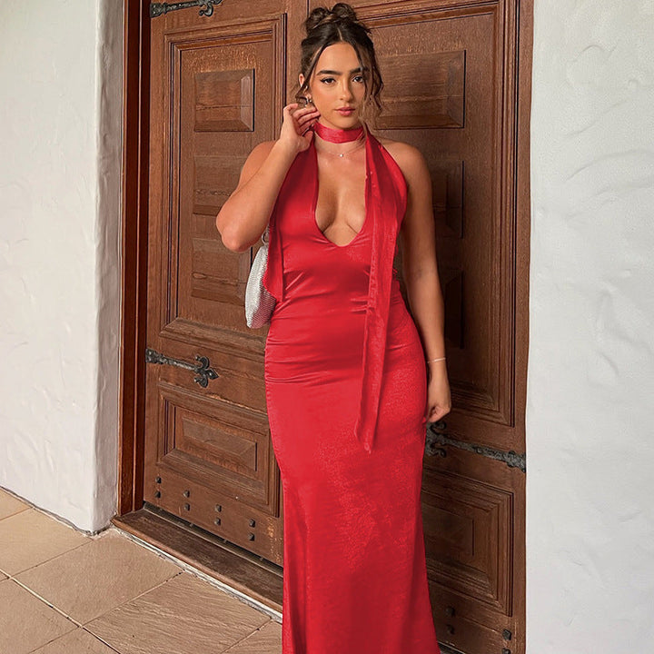 Satin Dress with Deep Neckline and Neck Tie - Paulina
