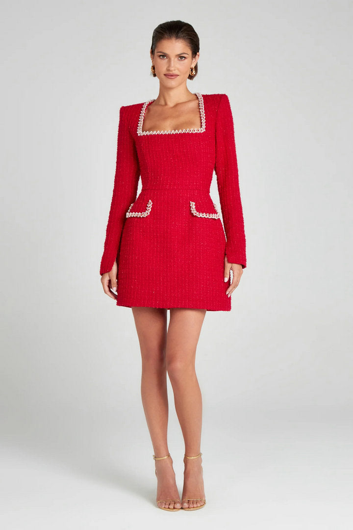 Elegant Mini Dress with Short/Long Sleeves, Tailored Style, Woven Fabric with Sequin and Pearl Embellishment - Lucia