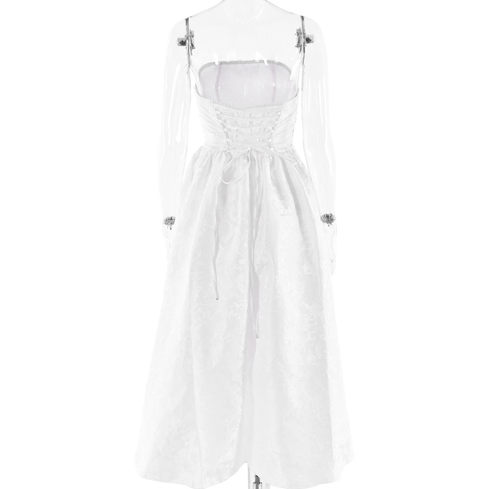 Midi Strapless A-Line Dress with Open Back and Floral Embroidery Detail - Flora