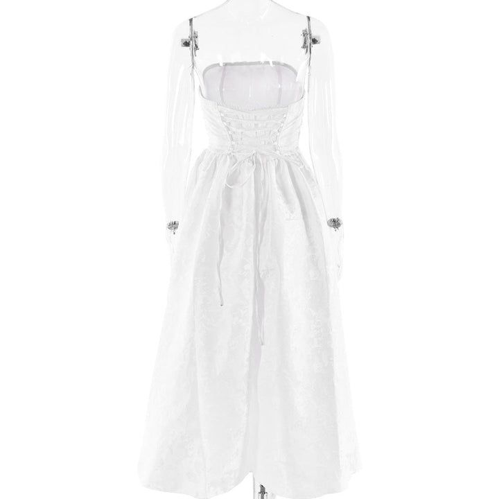 Midi Strapless A-Line Dress with Open Back and Floral Embroidery Detail - Flora