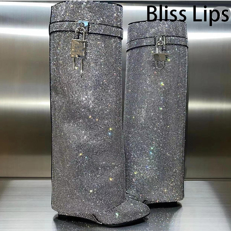High Heel Boots with Glitter Studs and Lock Detail - Bailey