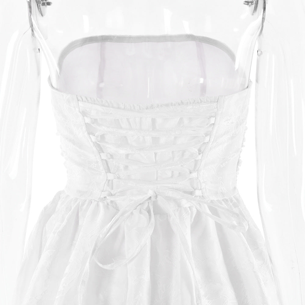 Midi Strapless A-Line Dress with Open Back and Floral Embroidery Detail - Flora