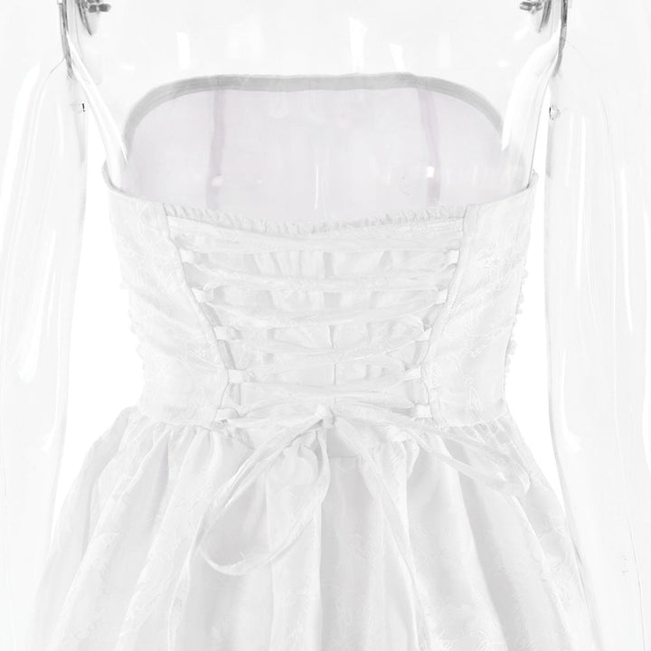 Midi Strapless A-Line Dress with Open Back and Floral Embroidery Detail - Flora