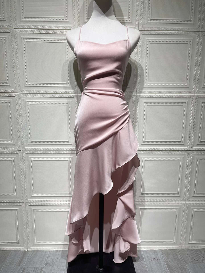 Satin ruffled maxi dress with back ties - Fabiola