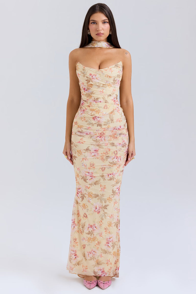 Two-Piece Set with Strapless Top and Maxi Skirt with Matching Scarf Detail - Francia