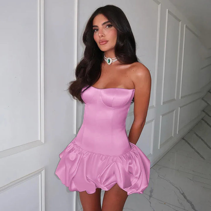 Strapless Satin Mini Dress with Balloon Ruching Design - BELLEN