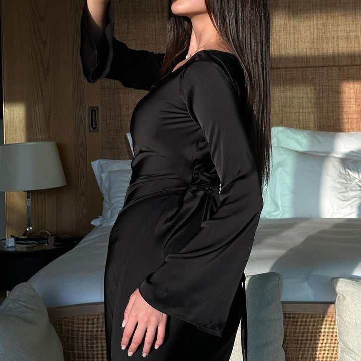 Satin maxi dress with back tie for waist fitting - Odel