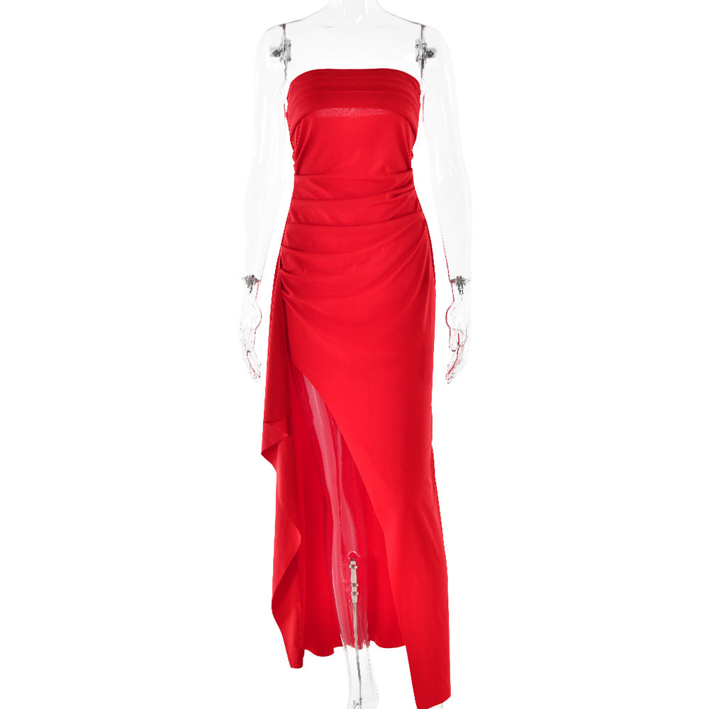 Ruffled strapless maxi dress with deep slit - Molina