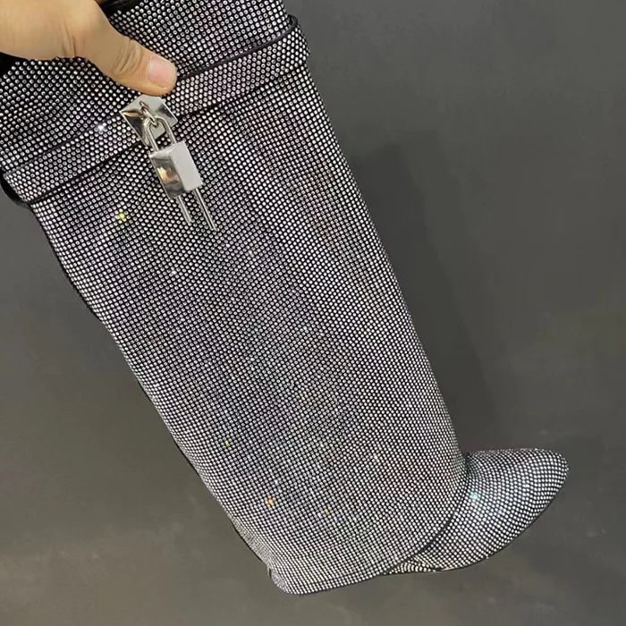 High Heel Boots with Glitter Studs and Lock Detail - Bailey