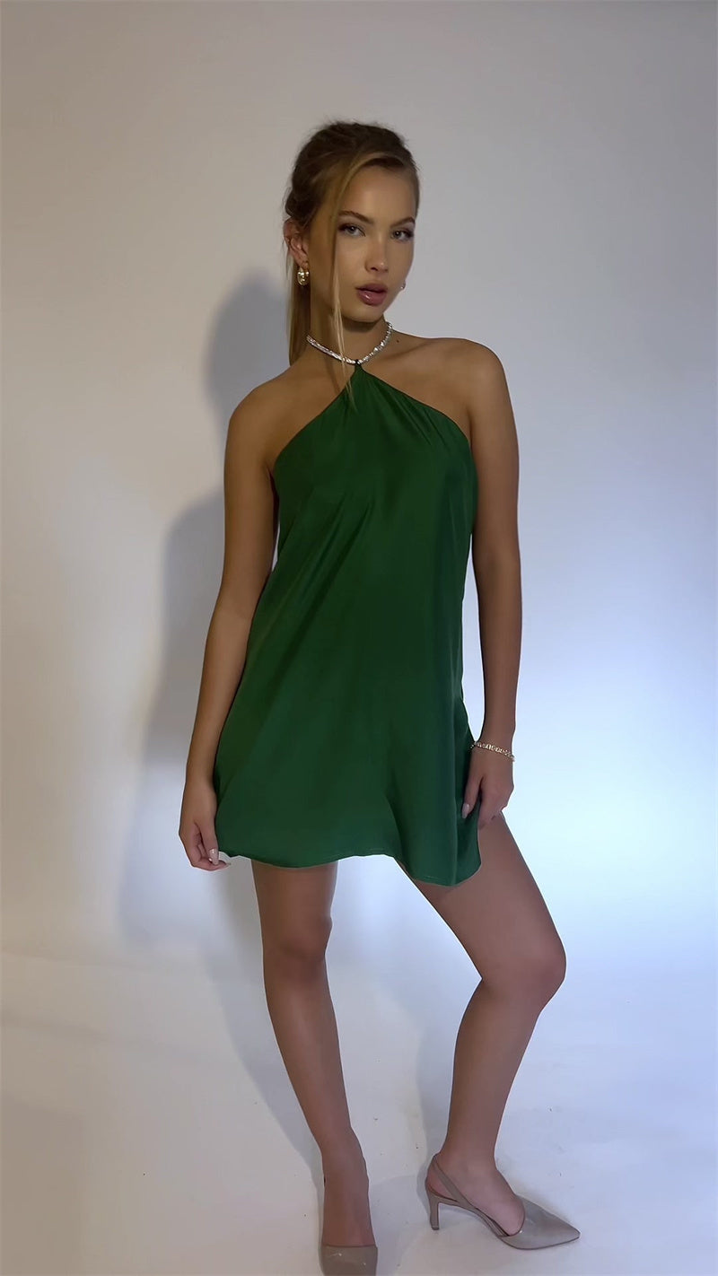 Satin mini dress with sparkling sequin threads tied at neck - Colin