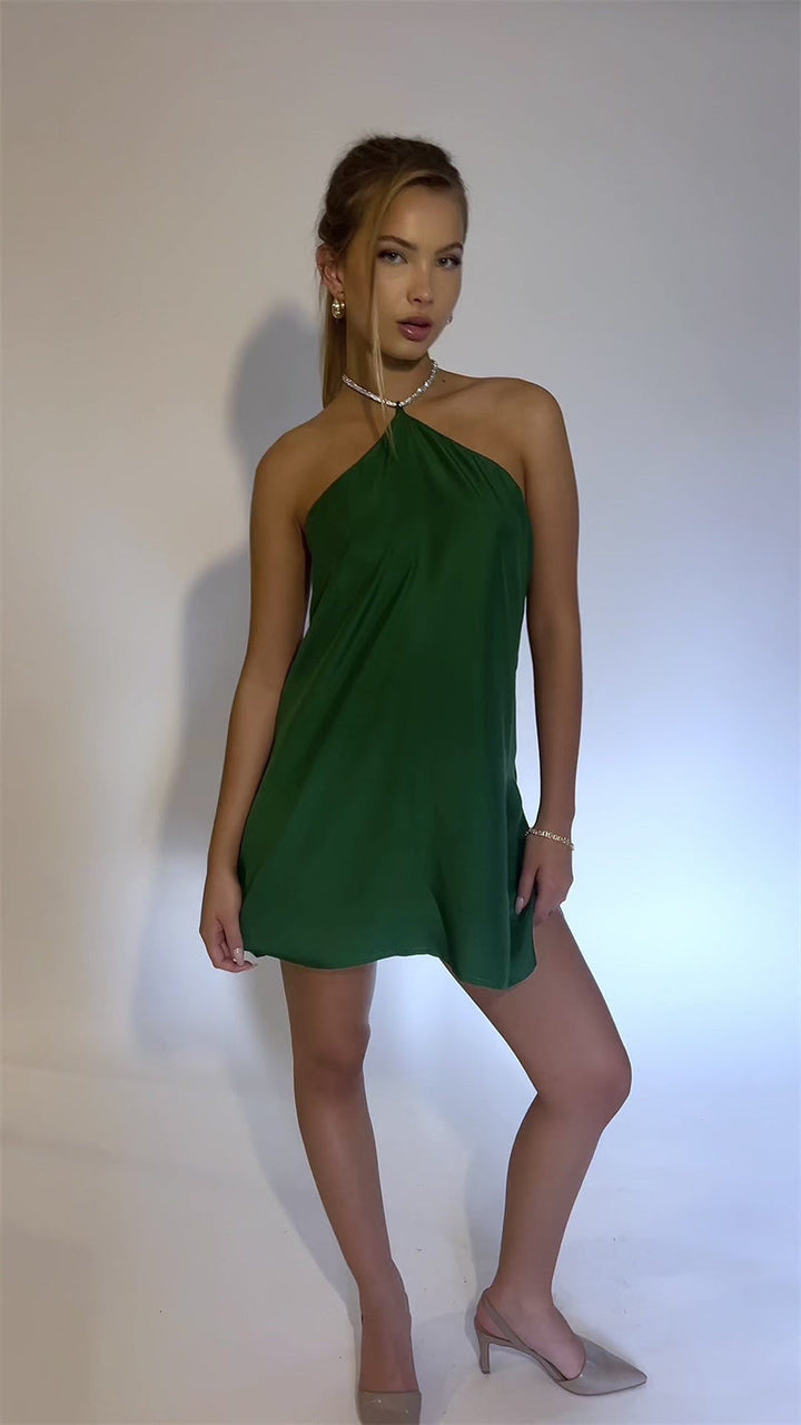 Satin mini dress with sparkling sequin threads tied at neck - Colin