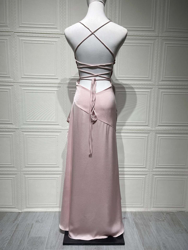 Satin ruffled maxi dress with back ties - Fabiola