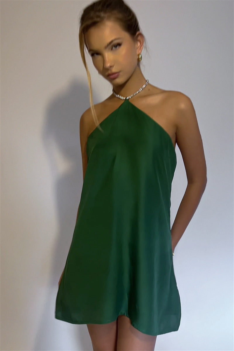 Satin mini dress with sparkling sequin threads tied at neck - Colin