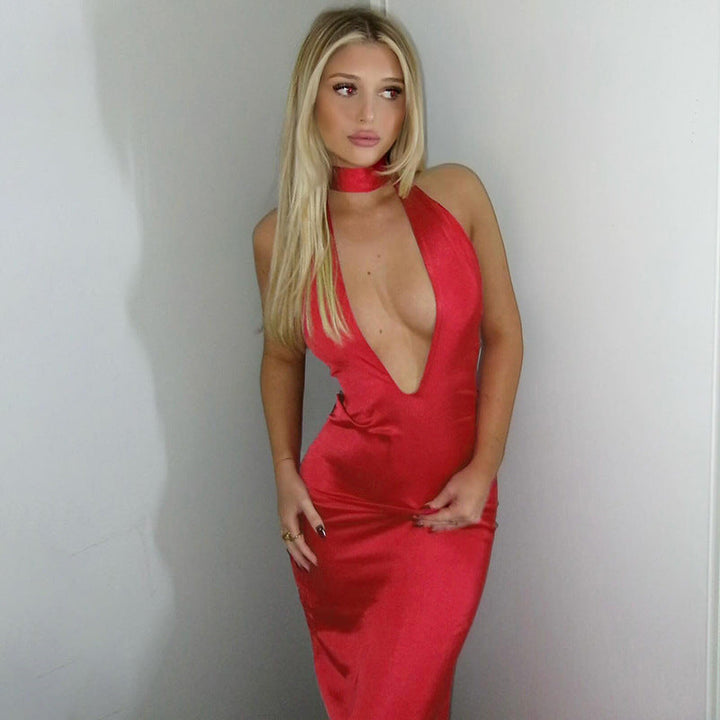Satin Dress with Deep Neckline and Neck Tie - Paulina