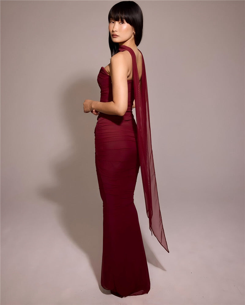 Two-Piece Set with Strapless Top and Maxi Skirt with Matching Scarf Detail - Francia