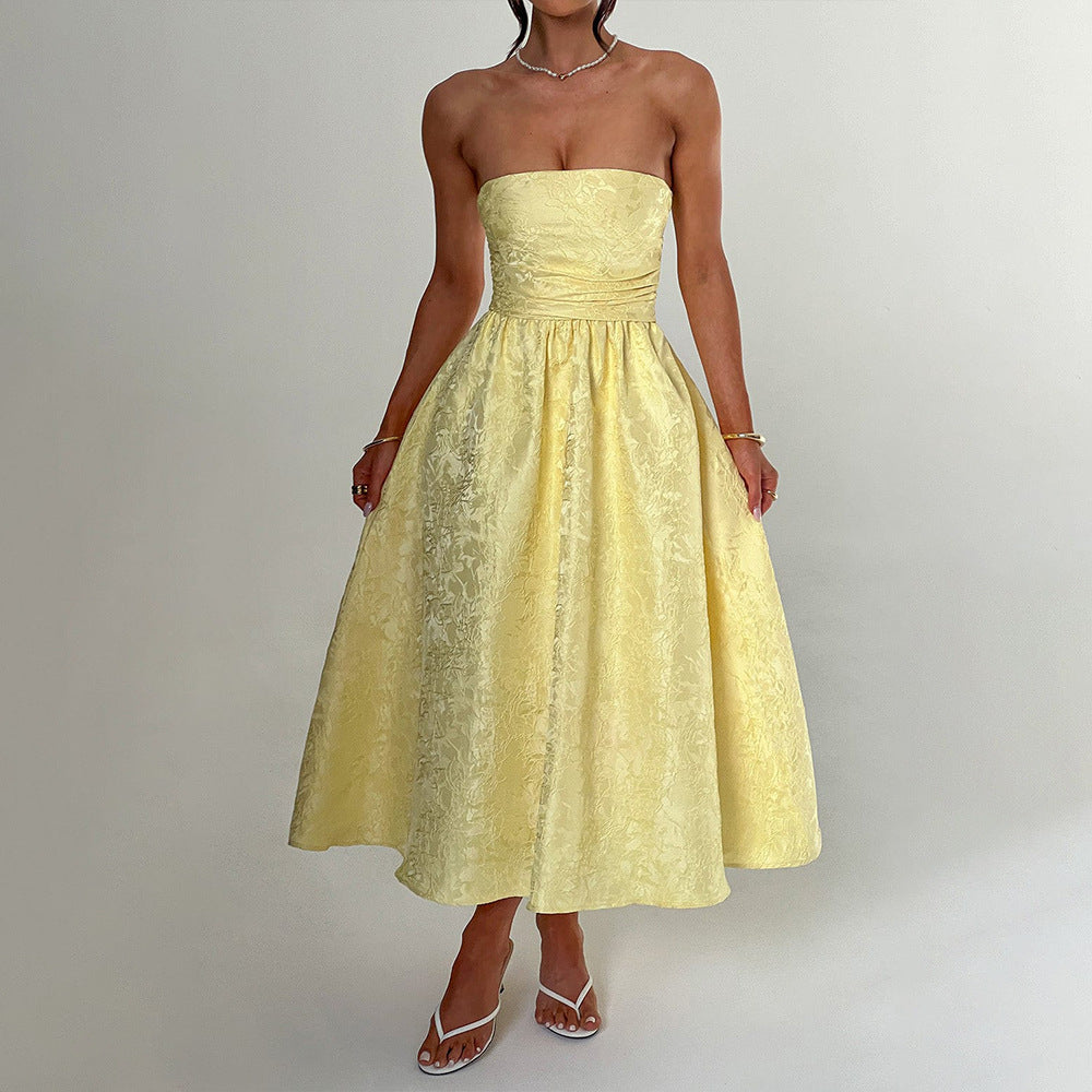 Midi Strapless A-Line Dress with Open Back and Floral Embroidery Detail - Flora