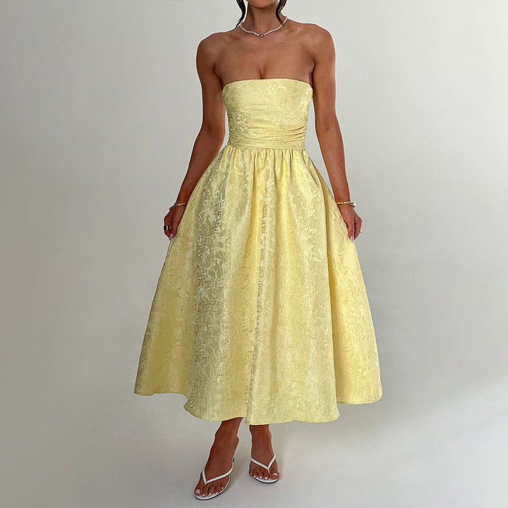 Midi Strapless A-Line Dress with Open Back and Floral Embroidery Detail - Flora