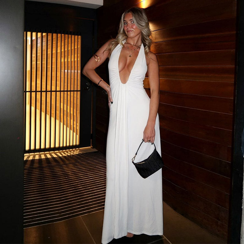 Maxi dress with deep neckline and open back - Alma