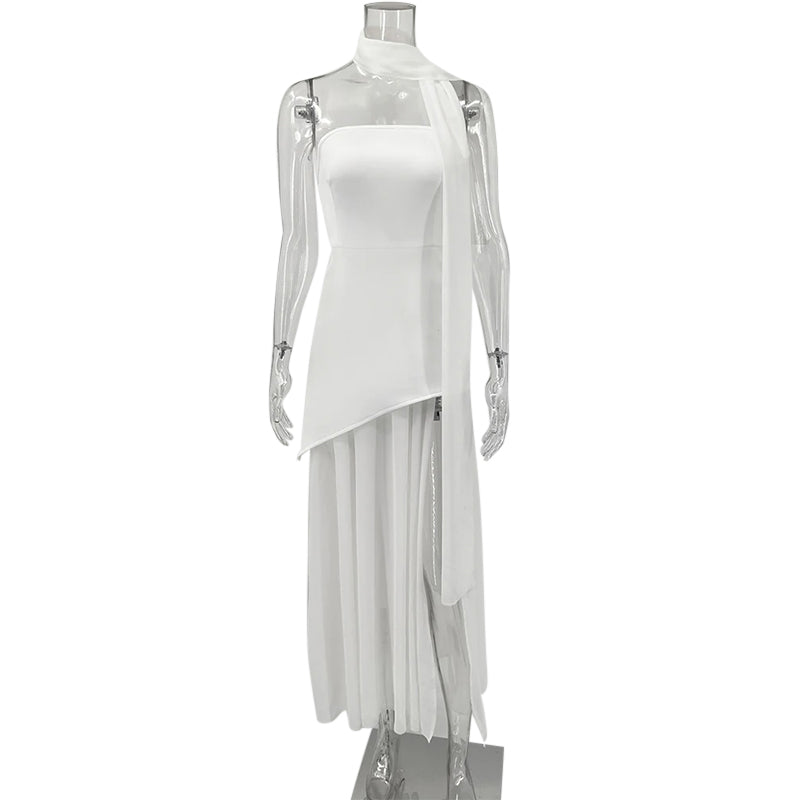 Strapless Maxi Dress with Chiffon Bottom, Slit Design, and Matching Scarf Detail - Princess