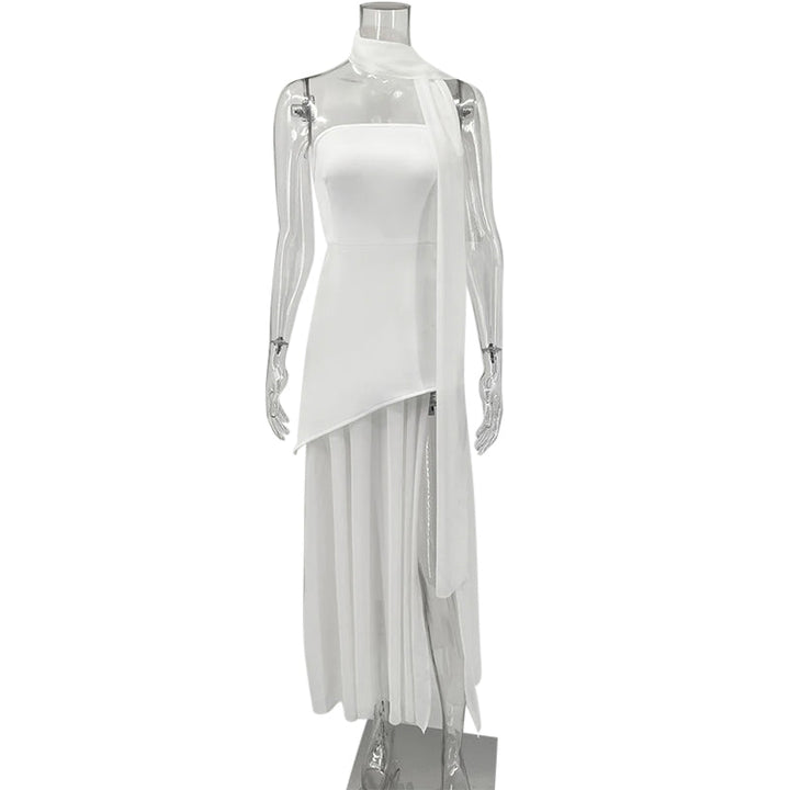 Strapless Maxi Dress with Chiffon Bottom, Slit Design, and Matching Scarf Detail - Princess