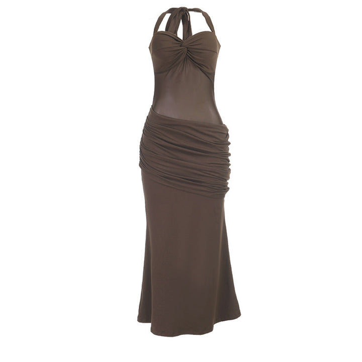 Tie-neck open-back maxi dress with a ruched and mesh design - LANI