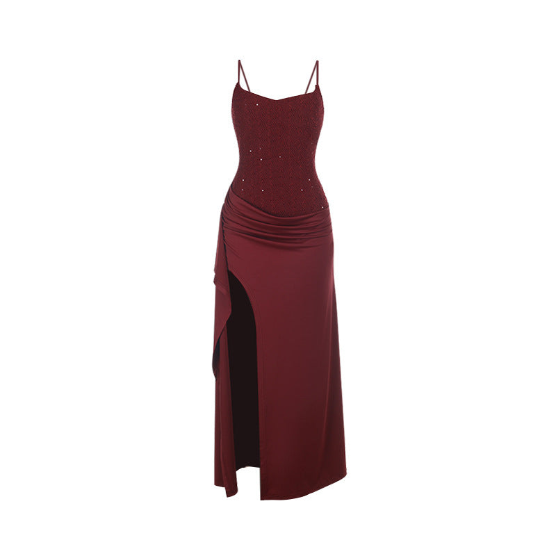 Satin maxi dress with a sequin corset and slit design - BIANKA