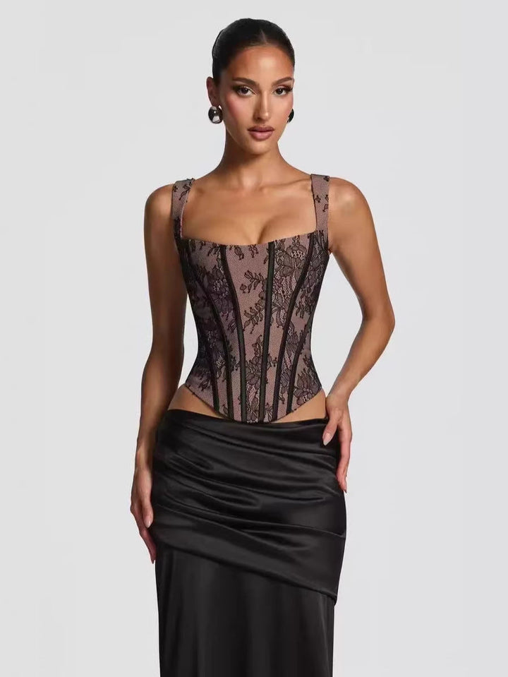 Two-piece set with a lace corset and satin maxi skirt - MONALIZ