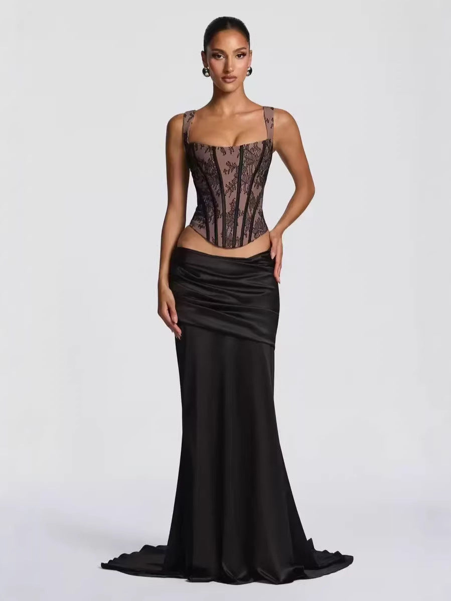 Two-piece set with a lace corset and satin maxi skirt - MONALIZ