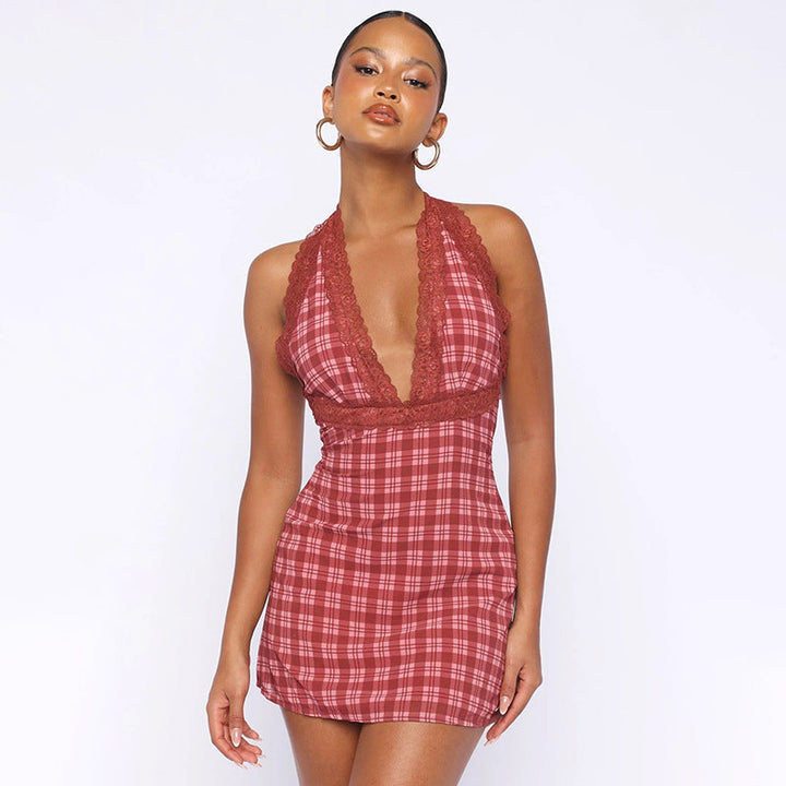 Plaid mini dress with lace trim - Heidi