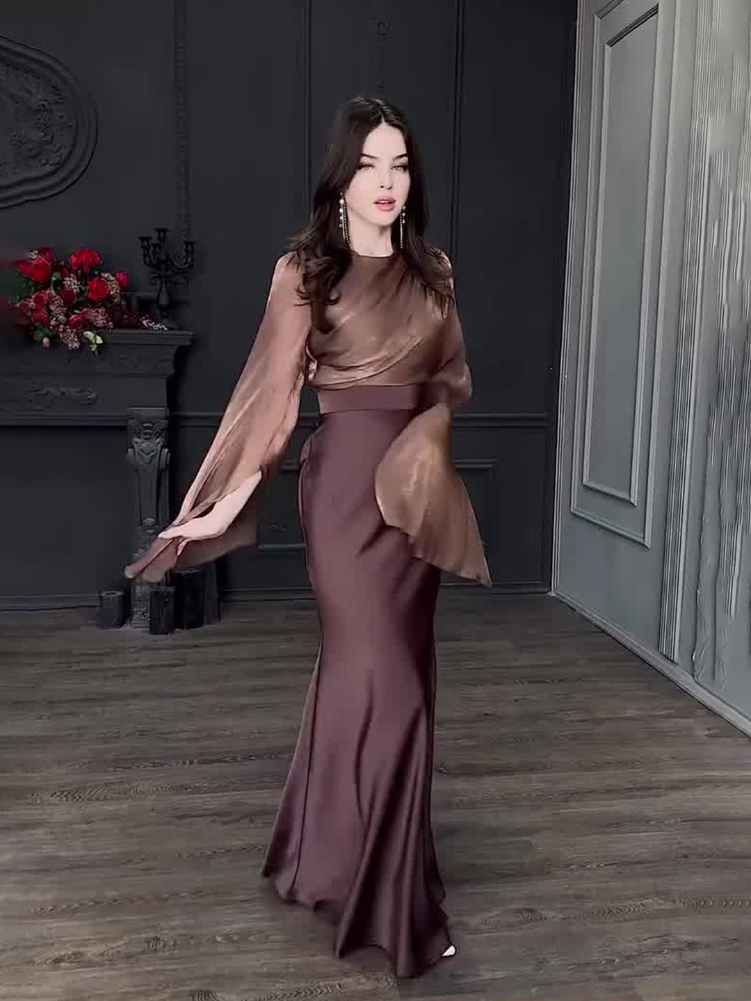 Nesia satin maxi dress with a shiny chiffon design