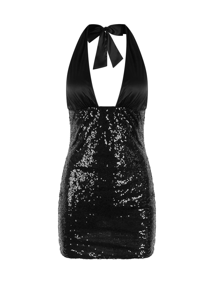 ZANDAYA sequin mini dress with a neck tie and open back