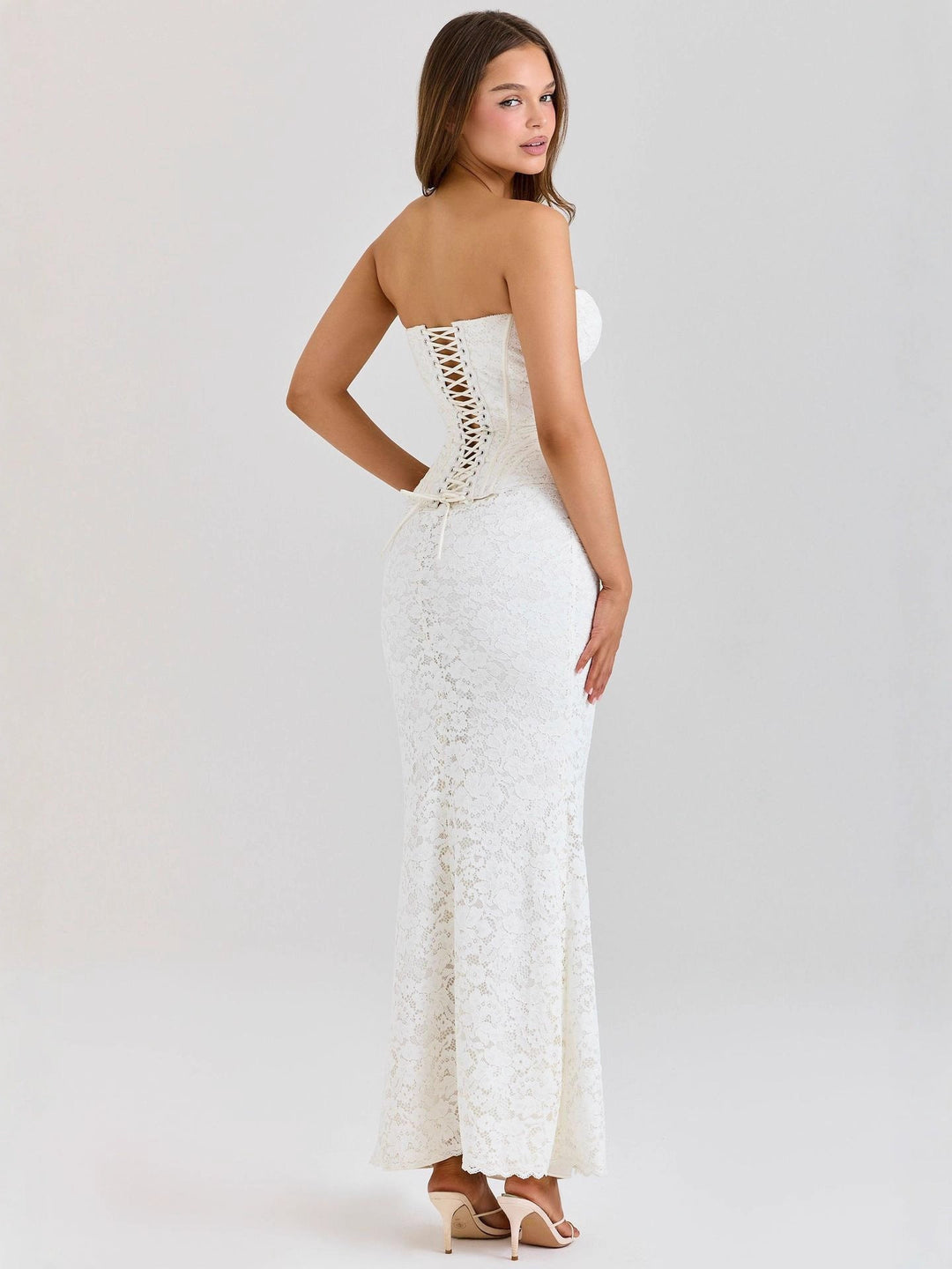 PANNY two-piece set with a strapless lace corset featuring a back tie for a fitted waist and a maxi skirt