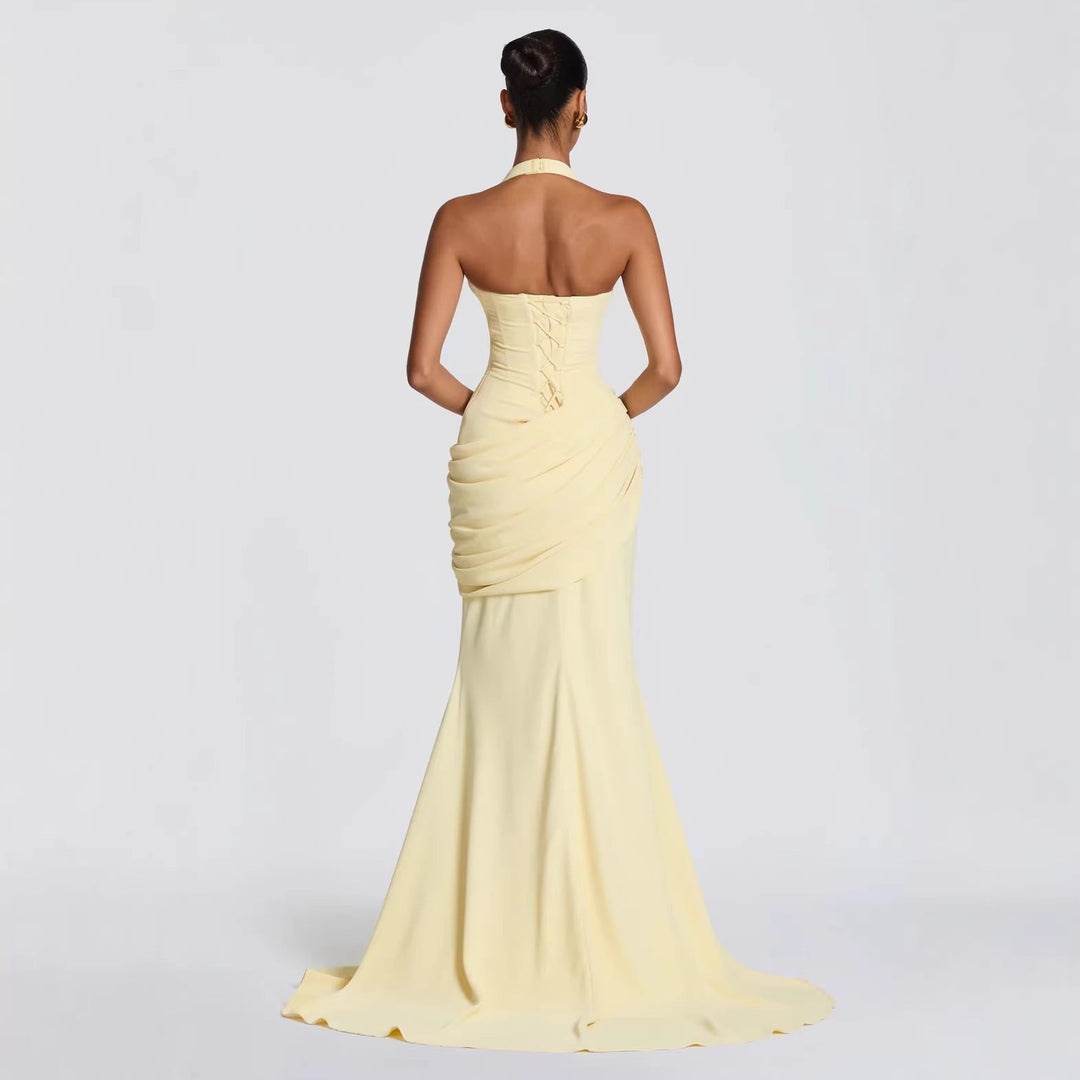 Erin maxi dress with an open back, a back tie for a fitted waist, and a pleated design