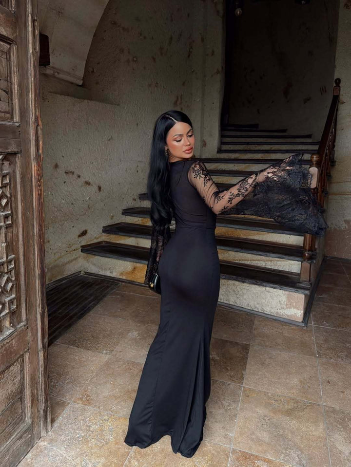 Amara maxi dress in shaping fabric with lace bell sleeves