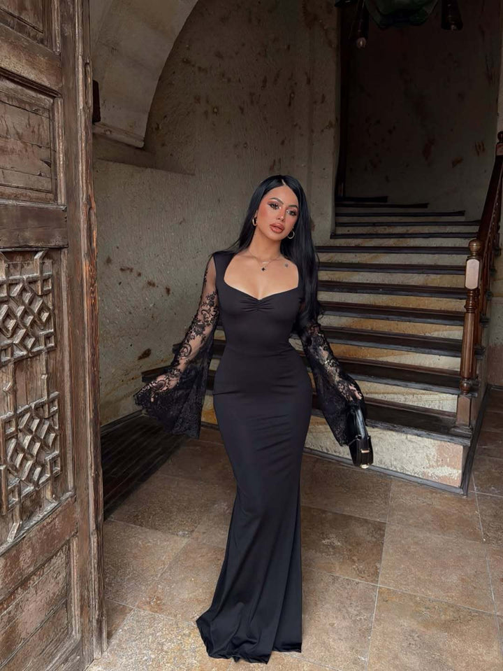 Amara maxi dress in shaping fabric with lace bell sleeves