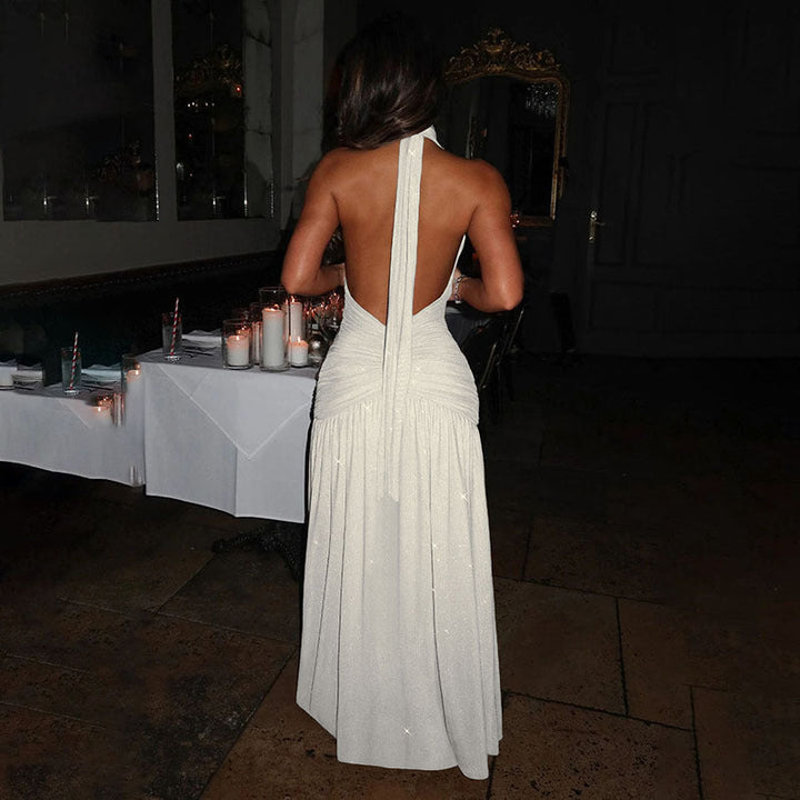 Glitter Maxi Dress with Slit, Deep V-Neck, Open Back, and Neck Tie - Emery