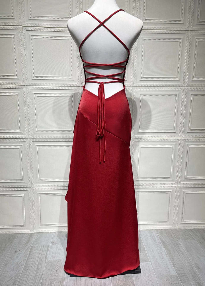 Satin ruffled maxi dress with back ties - Fabiola