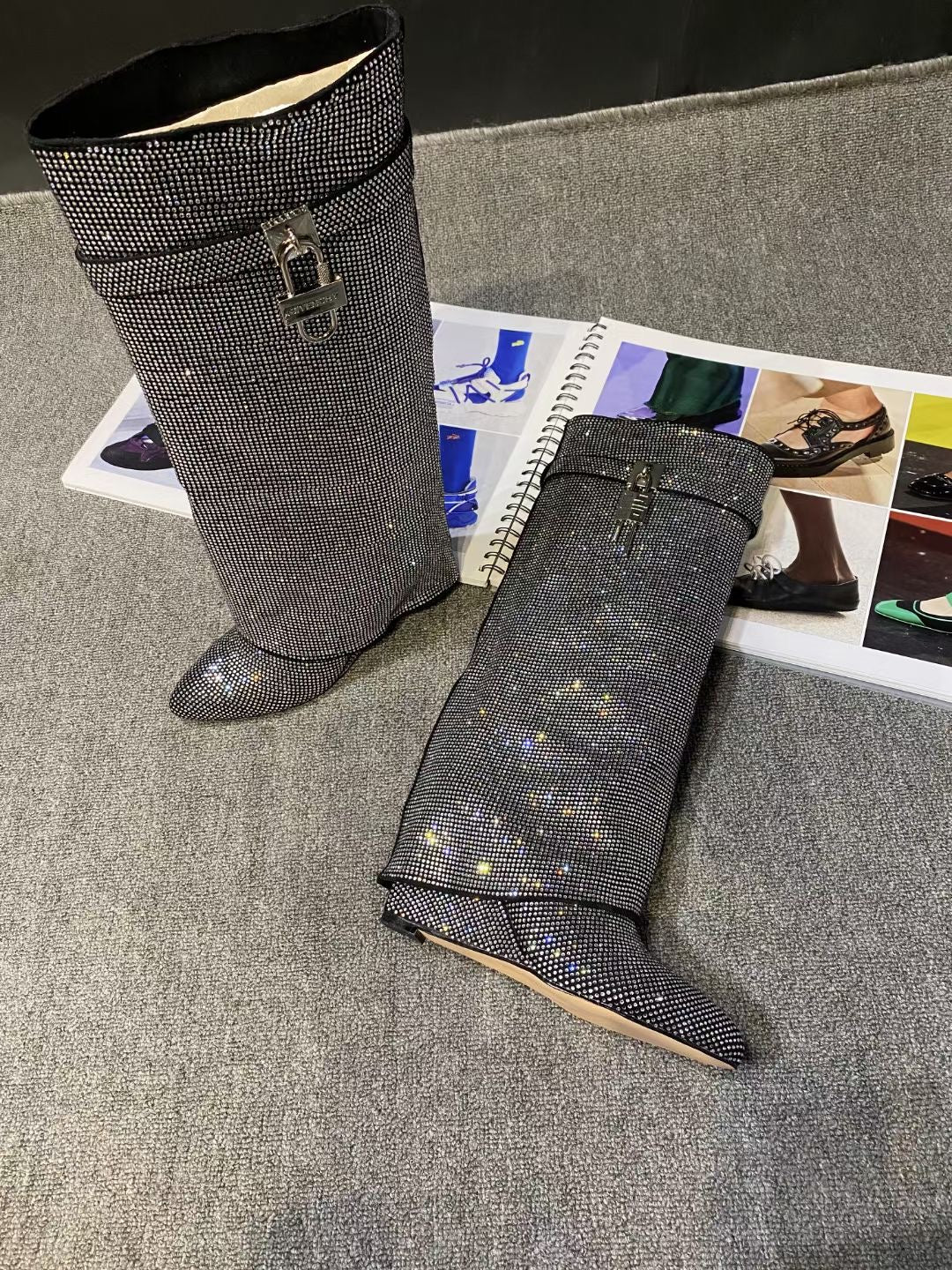 High Heel Boots with Glitter Studs and Lock Detail - Bailey