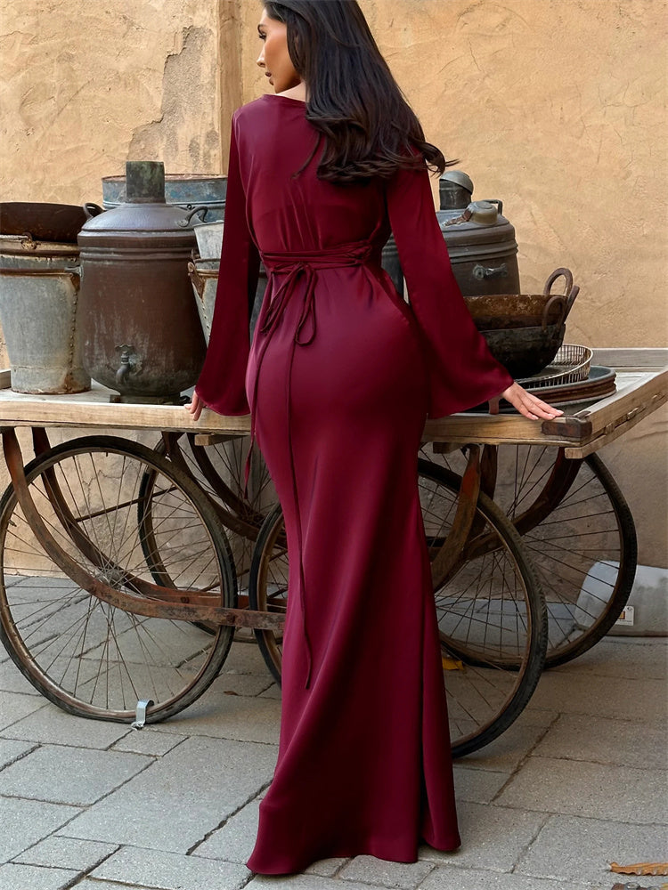 Satin maxi dress with back tie for waist fitting - Odel