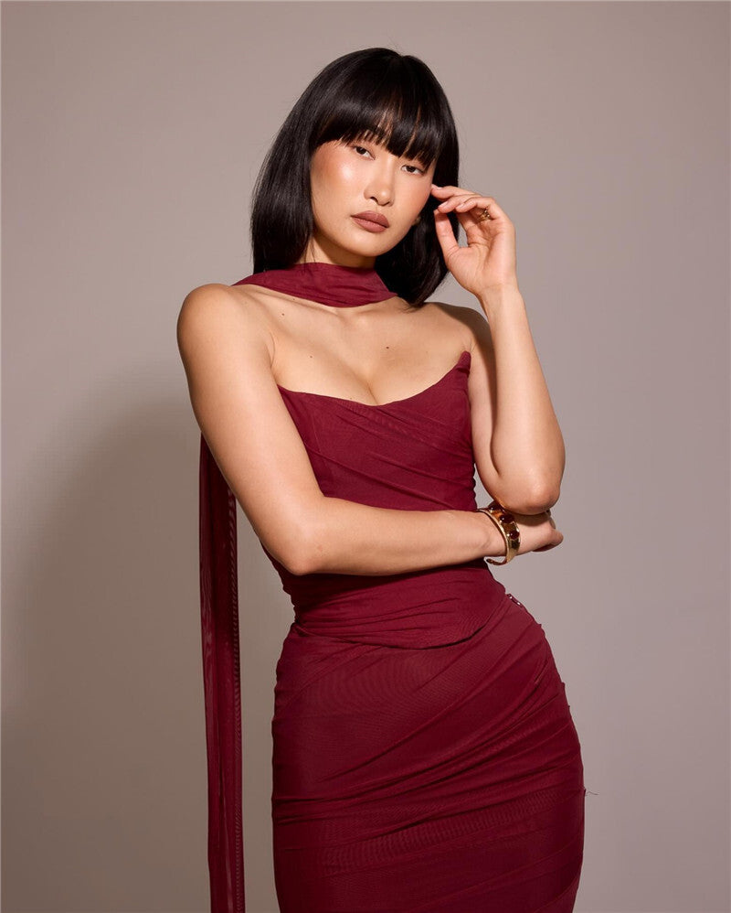 Two-Piece Set with Strapless Top and Maxi Skirt with Matching Scarf Detail - Francia