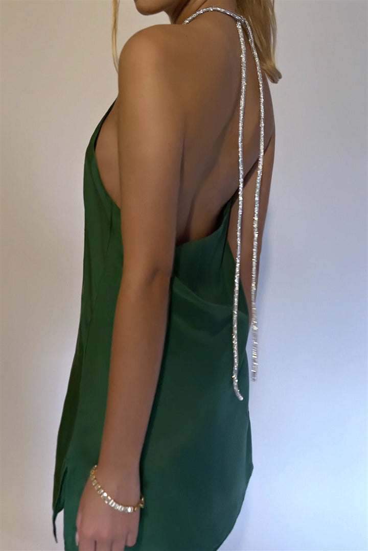 Satin mini dress with sparkling sequin threads tied at neck - Colin